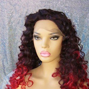 Lace front curly red & black long synthetic wig